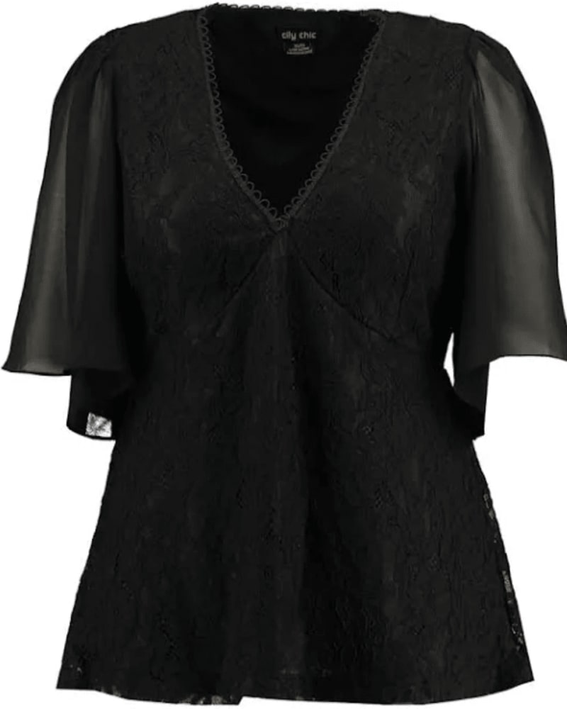Front of a model wearing a size XS City Chic Women's Plus High Born Lace V Neck Blouse Black Size XS/14 in Black by City Chic. | dia_product_style_image_id:317098